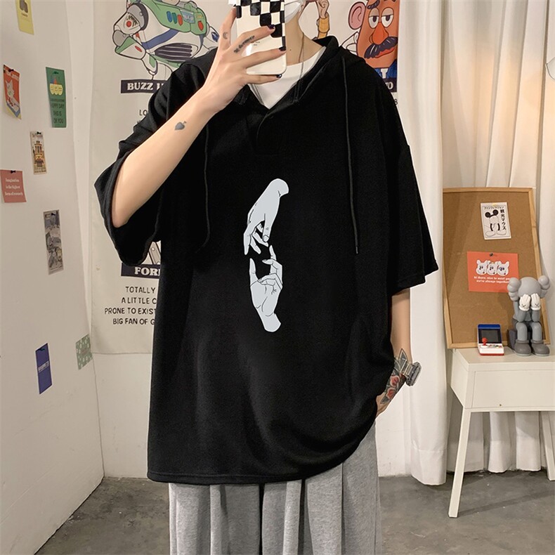 LD54147-P45连帽短袖t恤男大码胖子带帽五分袖中袖海报风,男装T恤,电商A040