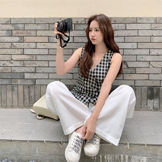 2025新款阔腿裤格子上衣两件套，女装套装/套裙，1D066-1