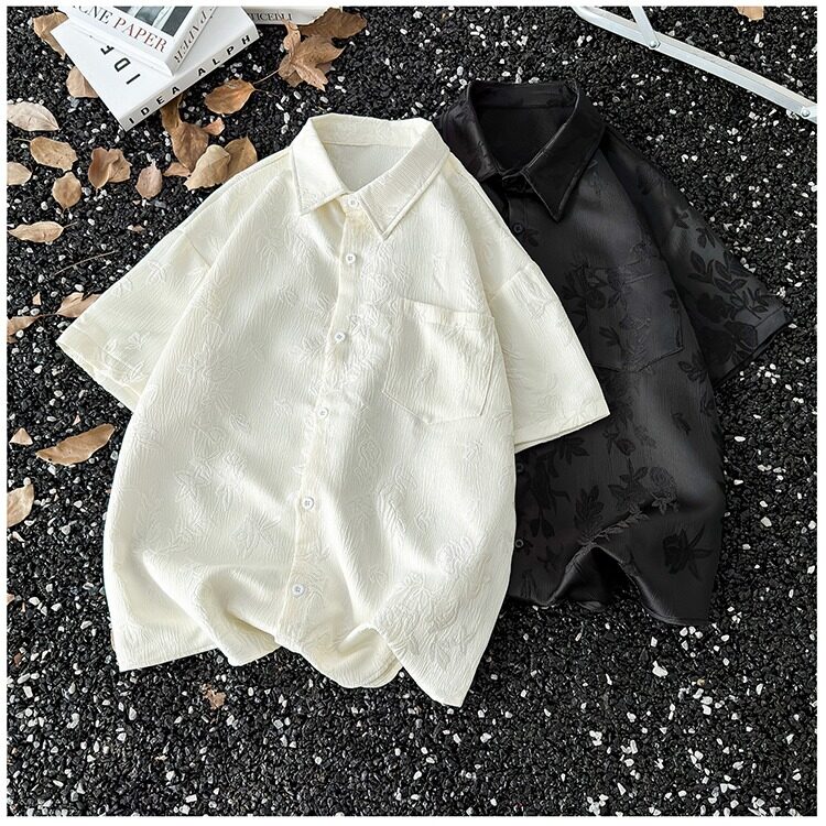 潮新中式短袖衬衫男士夏季大码宽松款休闲痞帅半袖冰丝衬衣外套,男装工装外套,星座1013