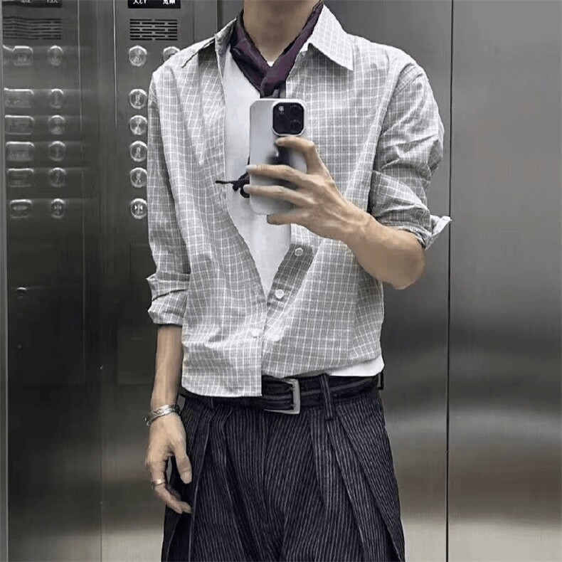 美式潮牌高街复古细格子日系肌理感长袖衬衫外套男女休闲宽松衬衣,男装衬衫,电商A443