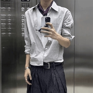 美式潮牌高街复古细格子日系肌理感长袖衬衫外套男女休闲宽松衬衣图片