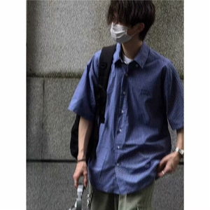 美式复古蓝色格子短袖衬衫男宽松休闲高级感百搭叠穿衬衣外套2025