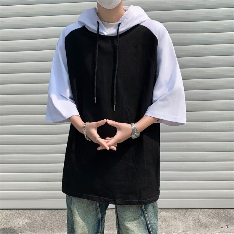 连帽短袖T恤男士夏季宽松潮牌五分袖插肩撞色百搭上衣服图片