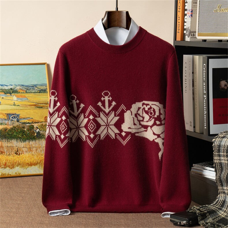 2025年秋季新款百搭印花长袖圆领套衫，男装羊绒套衫，星纬羊绒