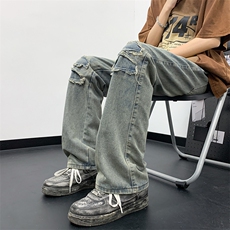 新款水洗破洞牛仔裤做旧夏季薄款美式高街宽松直筒微喇牛仔裤，男装牛仔裤，星座410-7