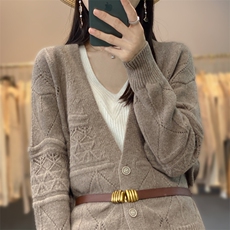 秋冬季新款舒适女士V领针织羊毛开衫长袖，女装羊毛衫，奢优羊绒