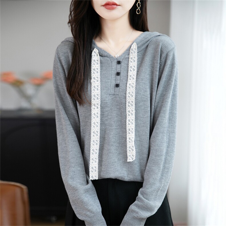 法式设计感蕾丝抽绳百搭宽松连帽针织衫女秋冬休闲毛衣帽衫打底衫，女装羊毛衫，菲奥羊绒