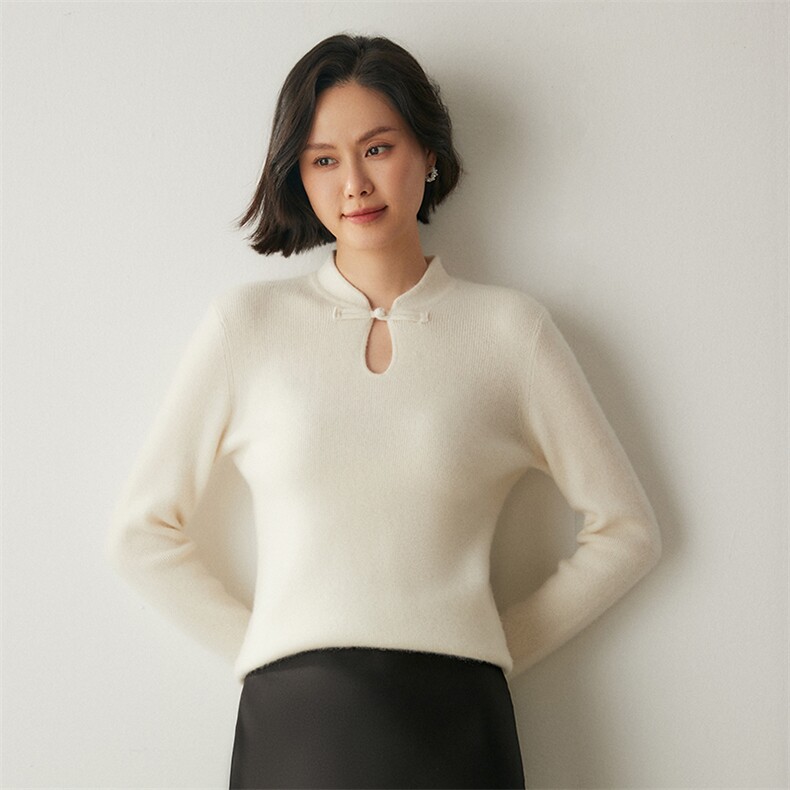打底衫~软糯山羊绒衫女旗袍领复古中国风盘扣圆领套头毛衣针织衫,女装羊绒衫,绒创羊绒