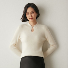打底衫~软糯山羊绒衫女旗袍领复古中国风盘扣圆领套头毛衣针织衫，女装羊绒衫，绒创羊绒