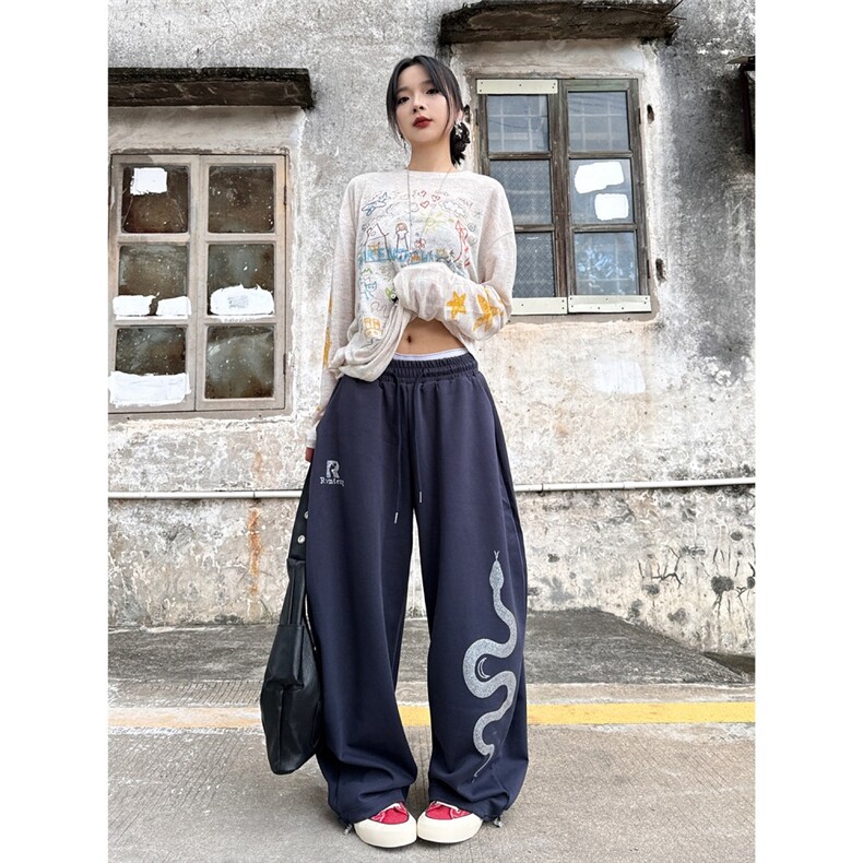美式复古设计感印花休闲裤男女宽松卫裤百搭长裤子秋LB30922-P42,男装休闲裤,星座1008