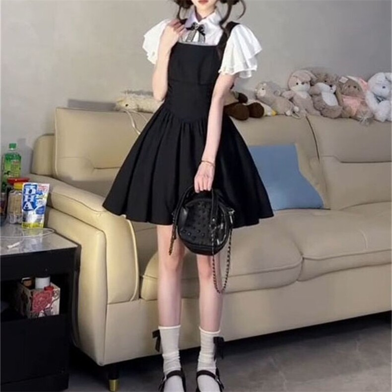 2025夏季新款韩版复古花瓣袖衬衫女学生搭配黑色背心连衣裙两件套,男装背心/马甲,星座1210-1