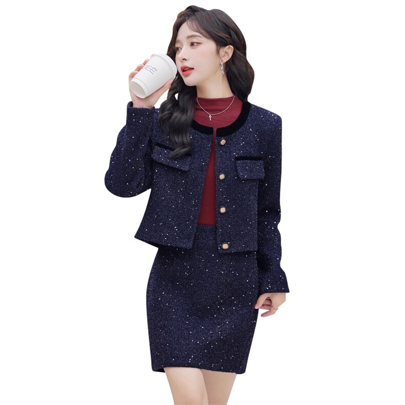 【bao款现货】2025秋冬新款亮片呢料小香风时尚套裙两件套,女装套装/套裙,尚洛菲