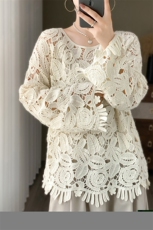 秋冬重工镂空钩花100%纯羊毛衫女圆领针织长袖毛衣宽松慵懒羊绒衫，女装羊毛衫，米丹羊绒