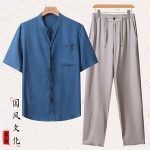 主推！棉麻套装2024新款夏季风亚麻短袖T恤休闲长裤套装图片