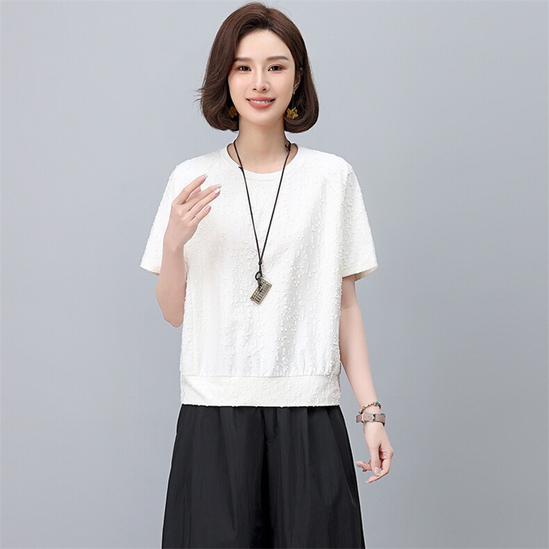 白色T恤女短袖2025夏季新款时尚气质百搭宽松显瘦提花上衣,女装T恤,阿丹