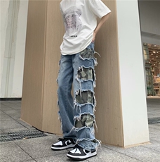 美式复古设计宽松大破坏街头牛仔裤男女百搭休闲潮流BK55-P70，男装牛仔裤，星座1109-3