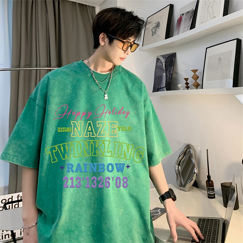 直播品质重磅240克美式复古蜡染水洗做旧宽松短袖t恤T1221-P38,男装T恤,电商A486