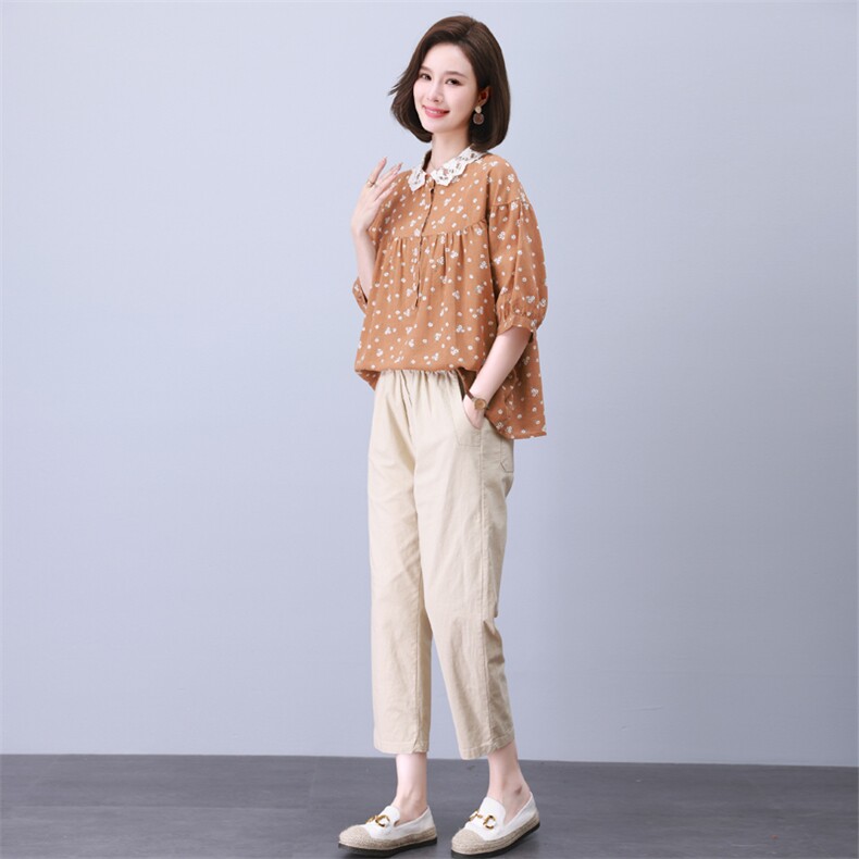 时尚拼接套装女夏季新款宽松显瘦小碎花上衣+休闲裤两件套,女装套装/套裙,叶笙衣