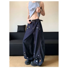 美式复古卡通刺绣弯刀牛仔裤男女宽松情侣水洗阔腿休闲裤，男装牛仔裤，星座218-1（原230）