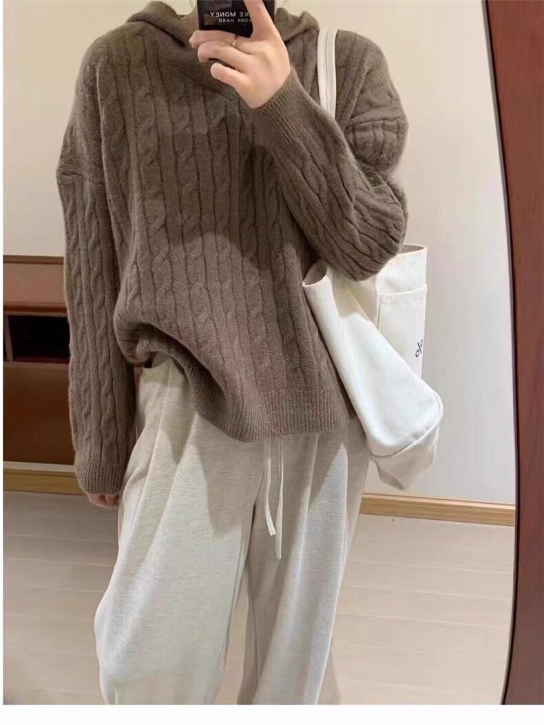 麻花毛衣女毛线衣秋冬2024款连帽复古日系慵懒宽松软糯针织衫上衣,女装羊毛衫,恒恩羊绒