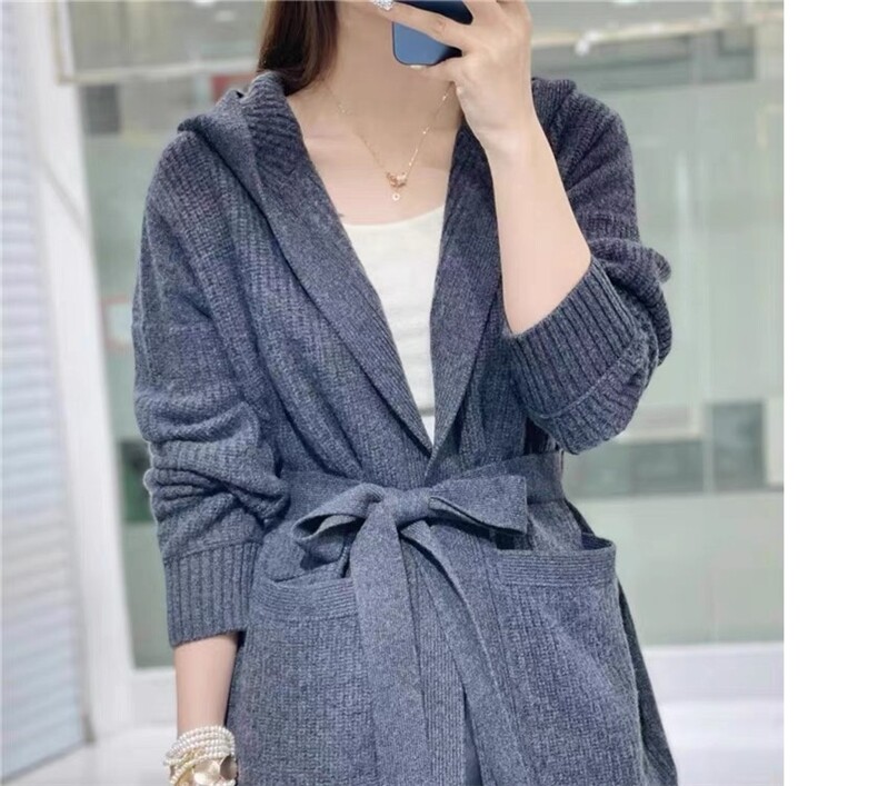 35%羊绒外套开衫女秋冬2024新款时髦宽松慵懒风系带针织衫,女装羊绒衫,以美红杉羊绒
