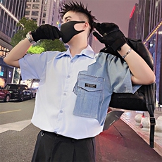 S81/P48控68夏季社会小伙设计感拼接牛仔短袖衬衫男浅蓝首1，男装衬衫，星座305B