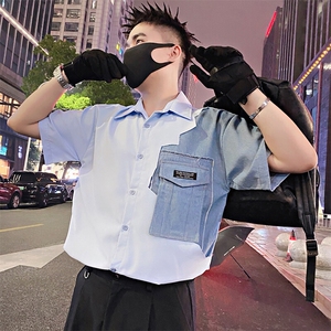 S81/P48控68 夏季社会小伙设计感拼接牛仔短袖衬衫男浅蓝首1图片