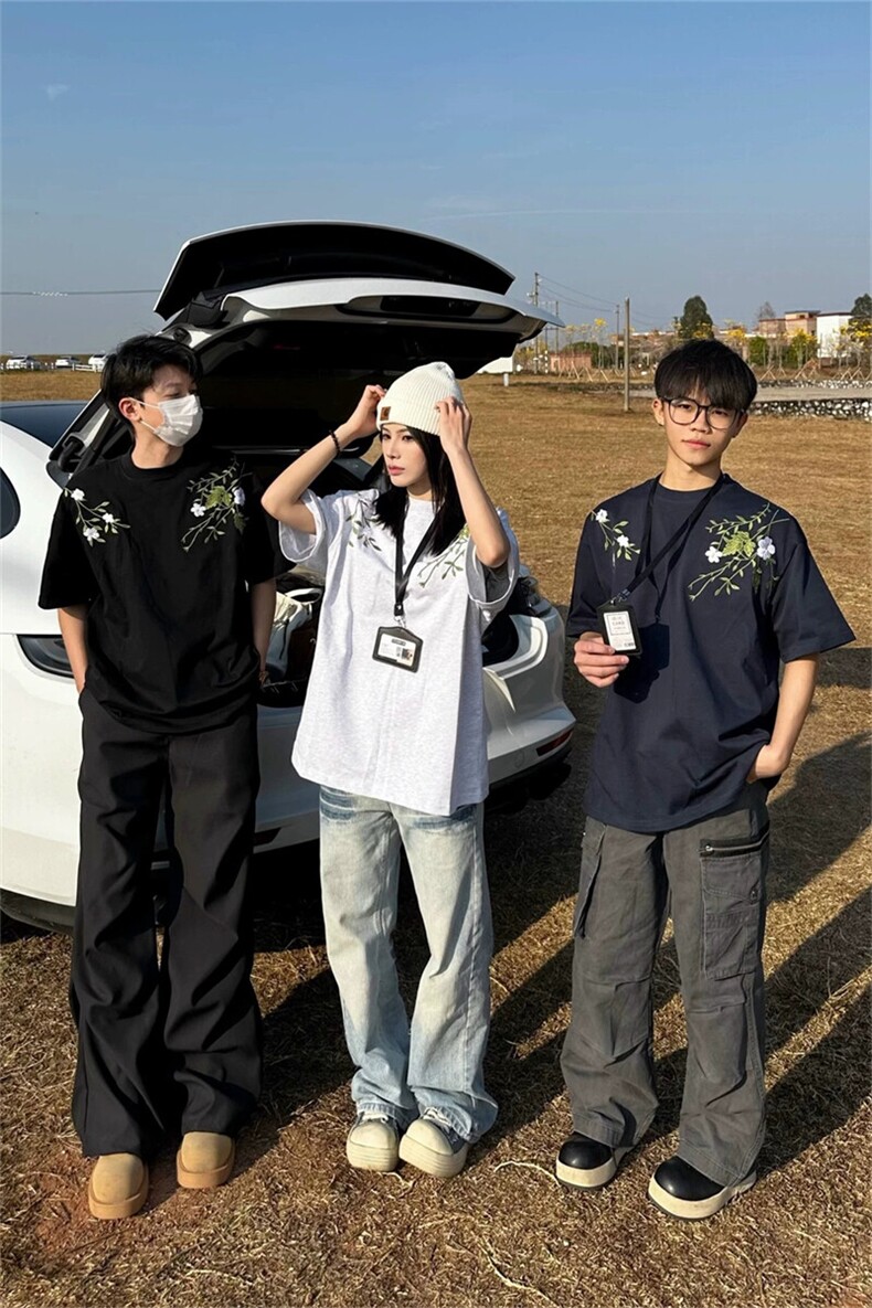 美式街头花环刺绣文字短袖T恤男女情侣夏宽重磅小众设计百搭半袖,男装T恤,星座505-2（原电商A260-1)