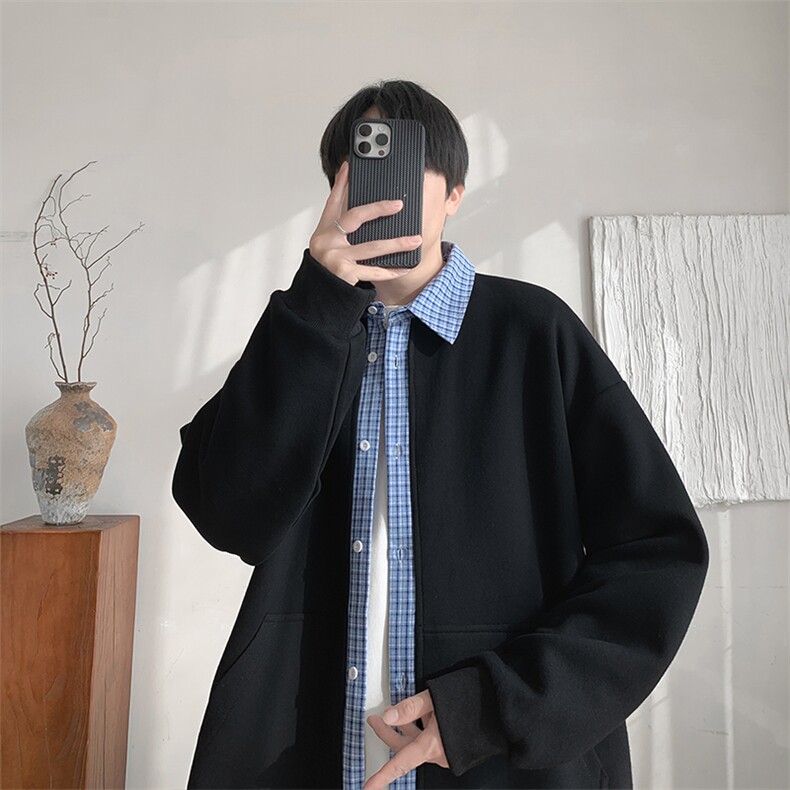 秋季重磅420g华棉假两件男宽松格子拼接卫衣外套W5436-特P48控88,女装短外套,电商A001