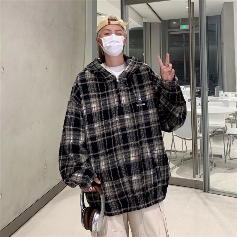 毛呢格子刺绣夹克男韩版潮流连帽高街帅2024冬季ins外套W5449-P60,男装夹克,星座412-2