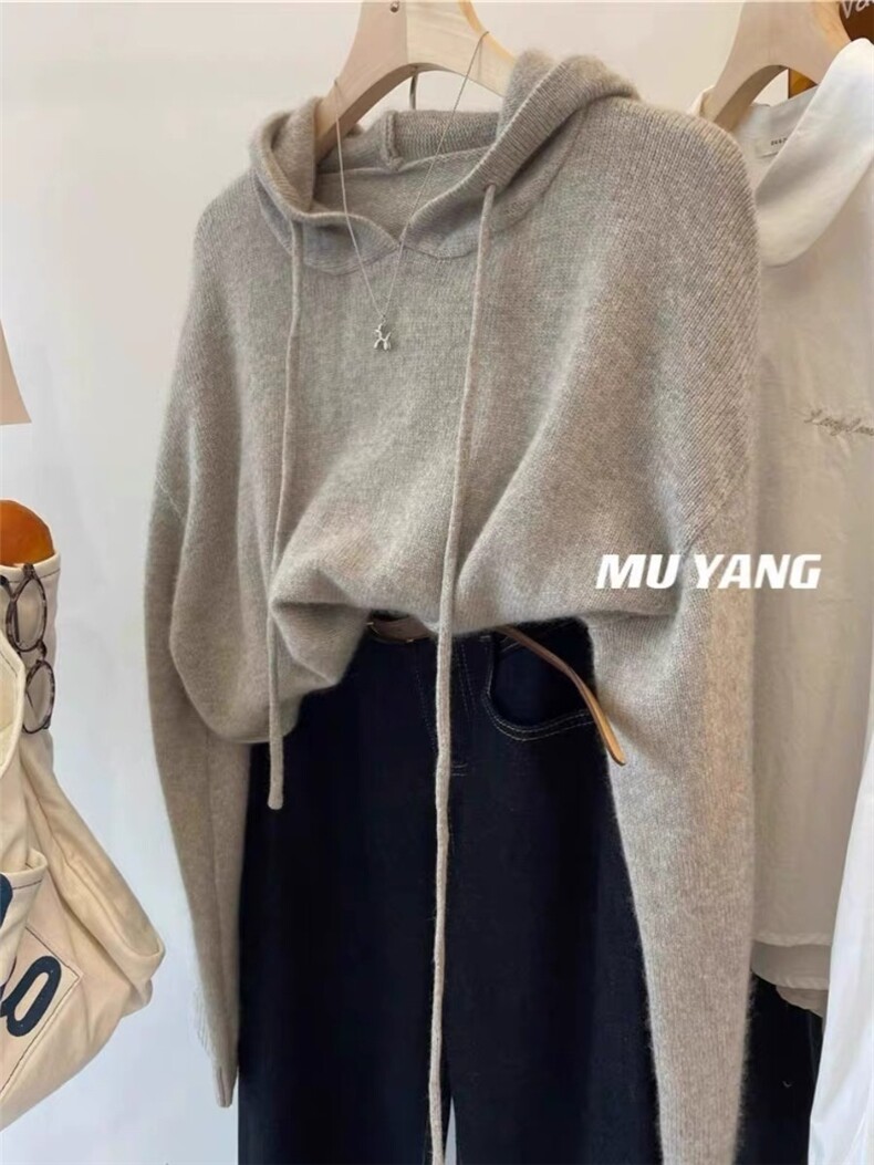 2025年秋季常规款套头长袖连帽宽松时尚百搭通勤，女装针织衫/毛衣，恩泰羊绒