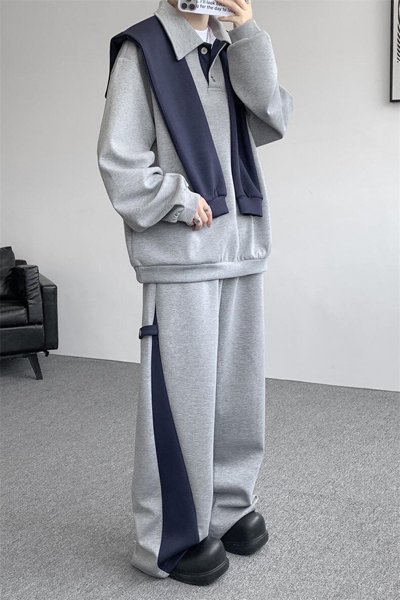 5XL-M潮流高级感披肩撞色拼接翻领百搭卫衣宽松弯刀长裤TZ113P118,男装休闲套装,电商D206-1