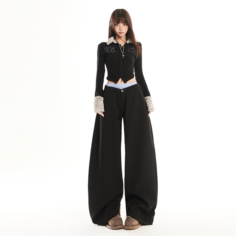 慵懒松弛感拼接休闲裤男女2026春季新款弯刀阔腿西装裤YD9093-P75图片