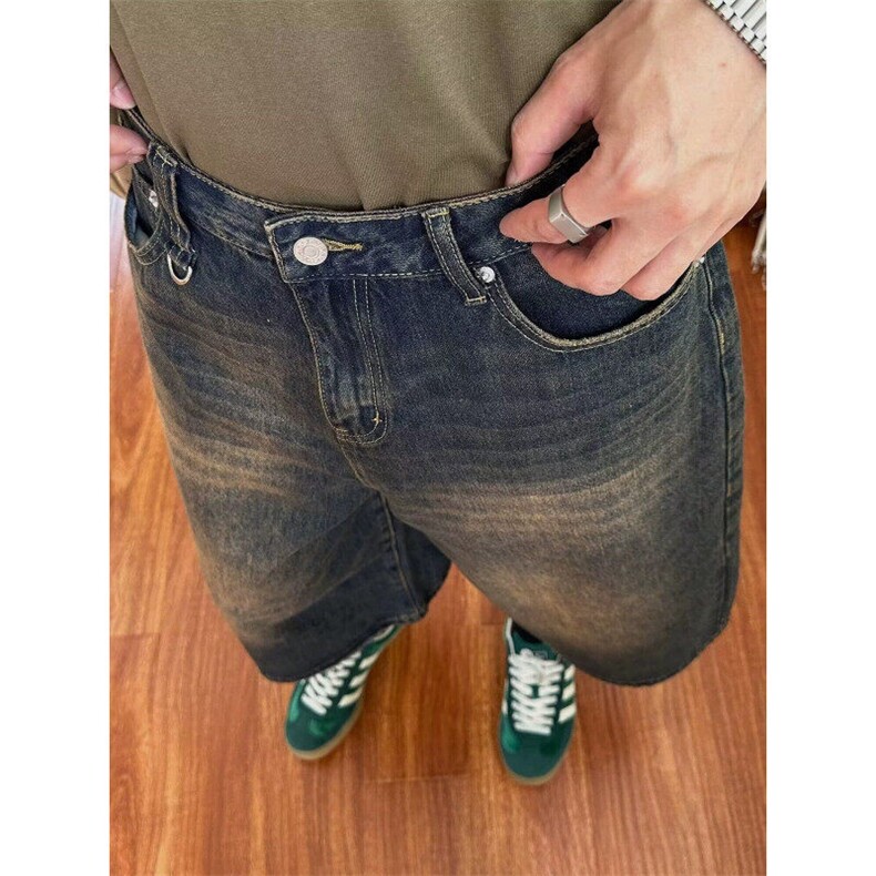 牛仔美式复古做旧牛仔短裤夏季宽松阔腿直筒七分裤WLG8355-P40,男装牛仔裤,星座1008