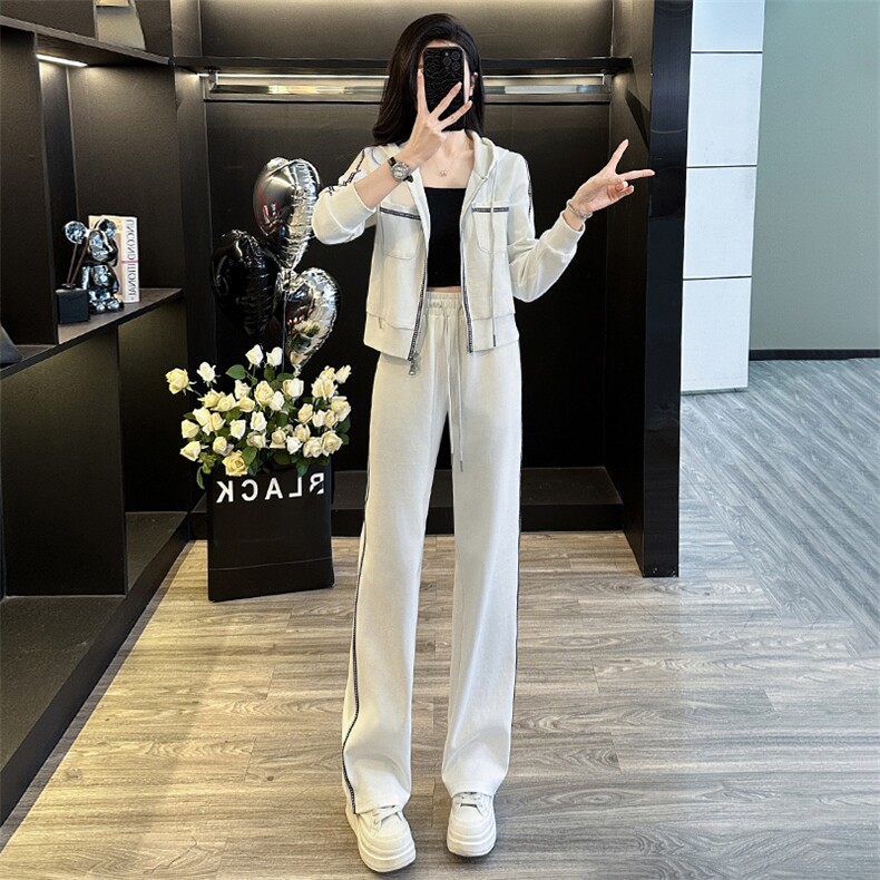 高端白色短款外套休闲运动长裤两件套，女装套装/套裙，江南