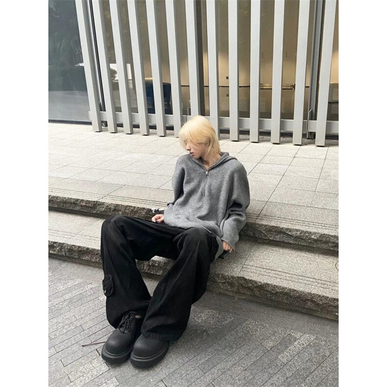 网图灰色半拉链毛衣男款美式复古高级感针织衫连帽外套MY281-特P,男装针织衫/毛衣,星座1007（原301D）