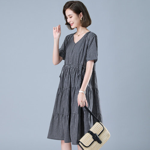 中长款格子圆领连衣裙女2023夏季大码宽松遮肚子显瘦亚麻A字裙女,女装连衣裙,风姿绰