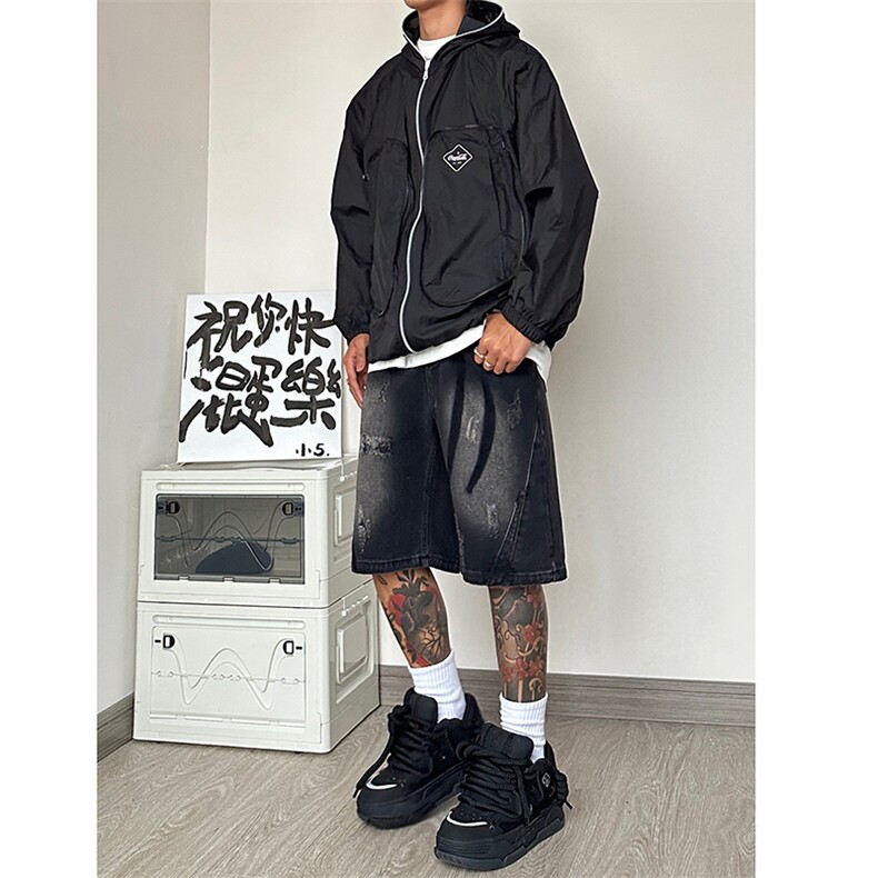 B221美式ins高街暗黑小众百搭牛仔短裤五分裤LK23090-P55控78,男装牛仔裤,电商B221