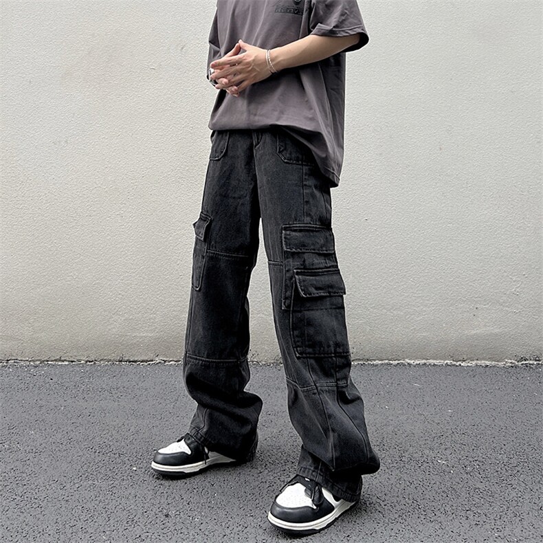 美式街头工装牛仔裤男款春夏潮牌做旧设计感宽松直筒裤N0576-P48图片