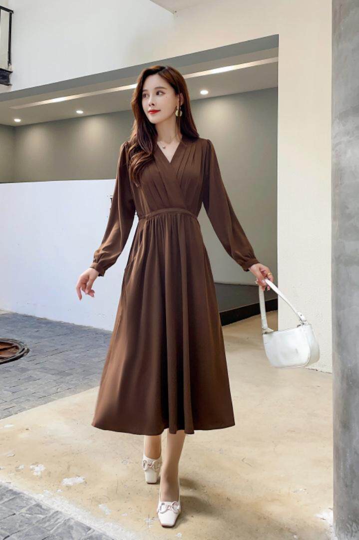 现货2021新款秋装净色连衣裙，女装连衣裙，秀水百合