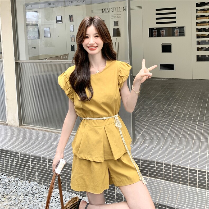 夏装韩系收腰绑带亚麻短袖+短裤两件套2C239-H87-P145-K218,女装套装/套裙,2C239