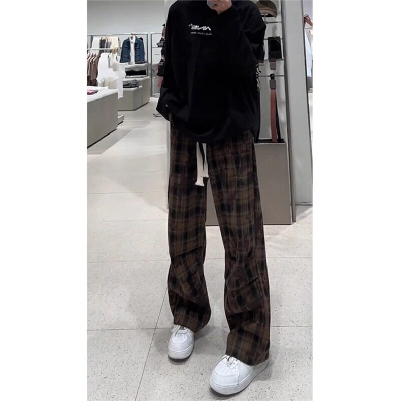 小众格纹百搭阔腿裤美式条纹高级感拖地直筒长裤KZ9963特P38,男装休闲裤,星座908-1