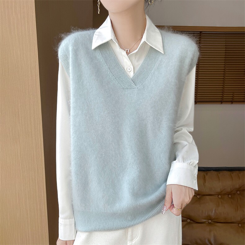 时尚百搭V领拉绒马甲女秋冬季新款韩版宽松显瘦毛衣背心外套上衣，女装马甲，科源羊绒