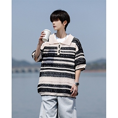 8XL-M特大码美式复古条纹撞色针织POLO衫翻领休闲短袖TDX311P35，男装T恤，电商D206-1