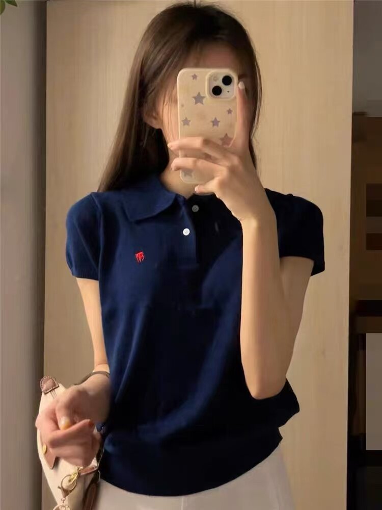 夏季通勤简约舒适百搭翻领小马图案短袖女款，女装T恤，百纯羊绒