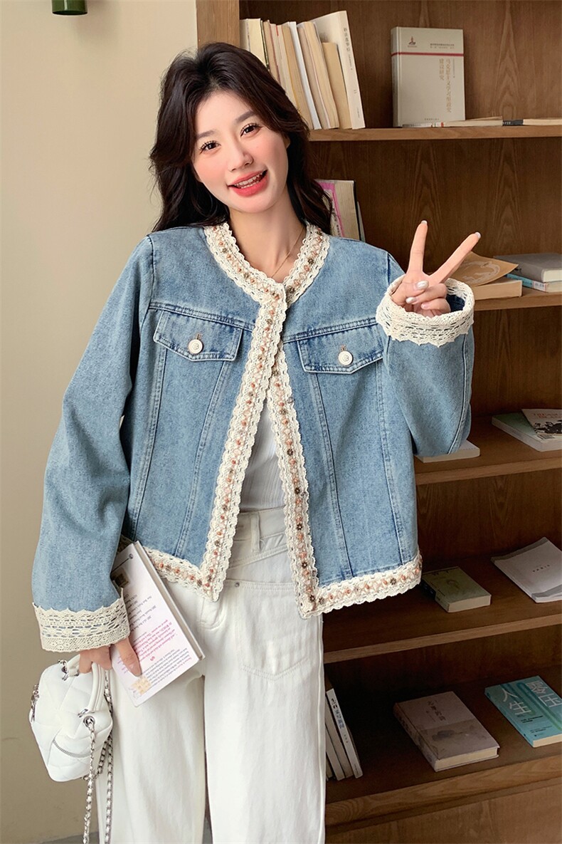 蕾丝花边拼接牛仔外套女春秋2025新款小香风减龄上衣独特漂亮百搭,女装短外套,2C218