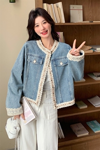 蕾丝花边拼接牛仔外套女春秋2025新款小香风减龄上衣独特漂亮百搭图片