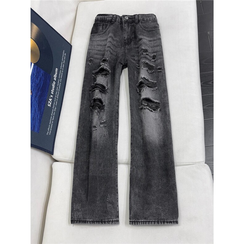 B221美式ins高街暗黑宽松直筒破洞牛仔裤LK25504-特P45控78，男装牛仔裤，电商B221