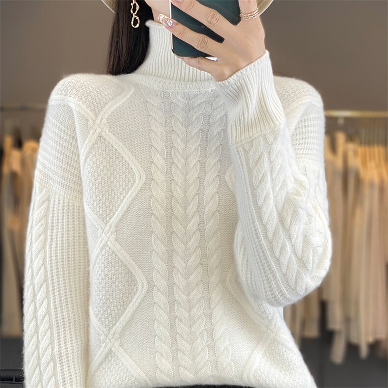 半高领菱形扭花100%纯羊毛衫女加厚长袖针织毛衣宽松羊绒衫打底衫，女装羊毛衫，鸿陌羊绒