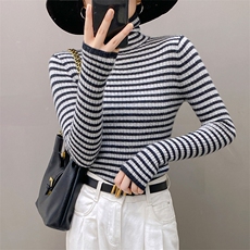 秋冬软糯100山羊绒衫女毛衣高领套头修身条纹拼色显瘦针织打底衫，女装羊绒衫，织绒羊